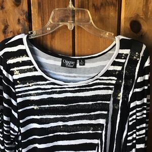 Onque Casuals Black White Striped Jersey Top Size L Sequins Long Sleeves